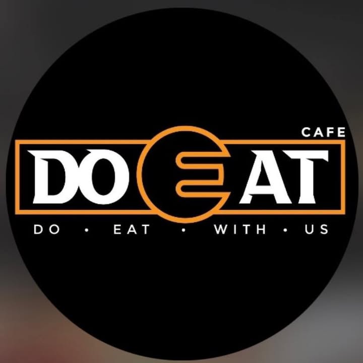 DoEat Cafe logo — orange fork forming the E, tagline Do · Eat · With · Us